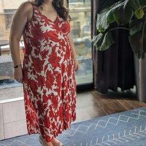 H&M Vibrant Red and White Floral Faux Wrap Dress